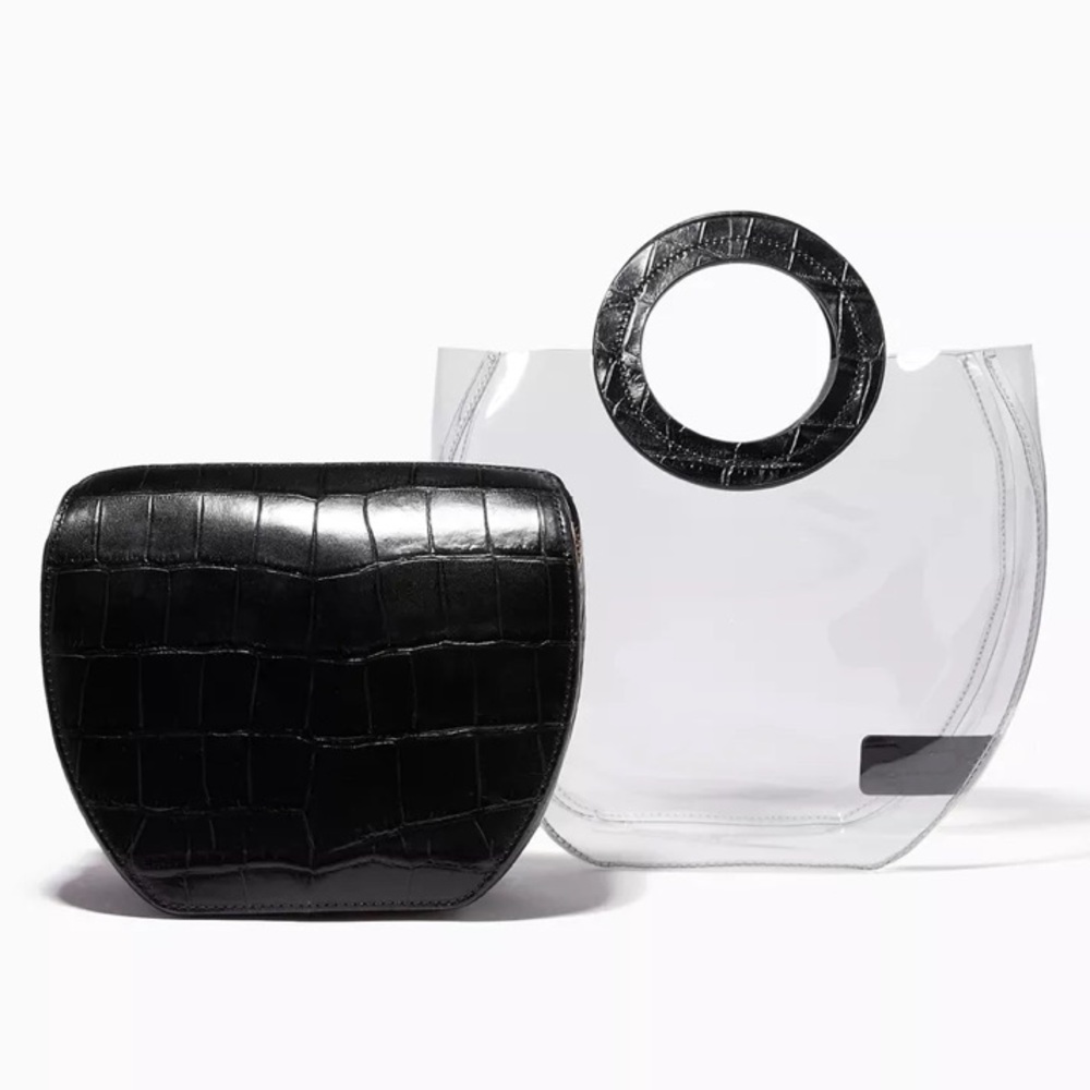 STAUD Frida Bag Black Leather Croc & Clear PVC Tote Handbag Convertible - Picture 3 of 14